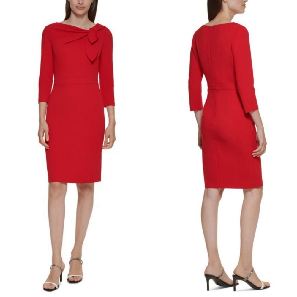 🆕️⬇️Calvin Klein Red Scuba-Crepe Bow-Neck Sheath Dress